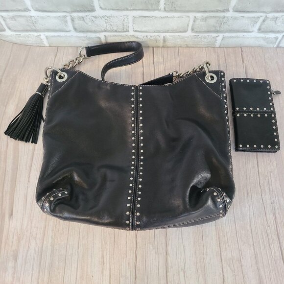 MICHAEL KORS Uptown Astor Stud Leather Bag Wallet Set Large Shoulder Hobo Black - Picture 1 of 11